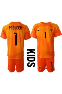 Alankomaat Remko Pasveer #1 Maalivahti Jalkapallovaatteet Lasten Vieraspeliasu MM-kisat 2022 Lyhythihainen (+ Lyhyet housut)